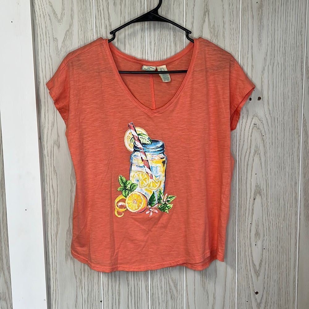 Caribbean Joe petite large orange short sleeve shirt w/ Mason jar lemonade print